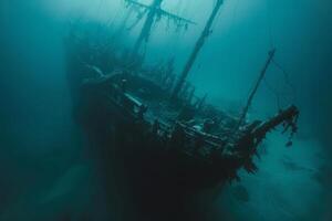 A shipwreck is seen in the ocean with a lot of debris and fish swimming around it. Scene is eerie and mysterious, as the ship is long gone and the ocean is filled with life photo