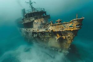 A shipwreck is seen in the ocean with a lot of debris and fish swimming around it. Scene is eerie and mysterious, as the ship is long gone and the ocean is filled with life photo