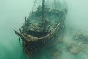 A shipwreck is seen in the ocean with a lot of debris and fish swimming around it. Scene is eerie and mysterious, as the ship is long gone and the ocean is filled with life photo
