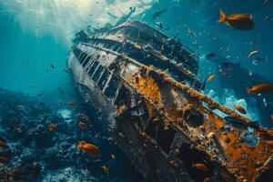 A shipwreck is seen in the ocean with a lot of debris and fish swimming around it. Scene is eerie and mysterious, as the ship is long gone and the ocean is filled with life photo