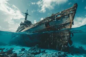 A shipwreck is seen in the ocean with a lot of debris and fish swimming around it. Scene is eerie and mysterious, as the ship is long gone and the ocean is filled with life photo