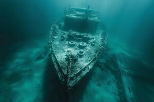 A shipwreck is seen in the ocean with a lot of debris and fish swimming around it. Scene is eerie and mysterious, as the ship is long gone and the ocean is filled with life photo
