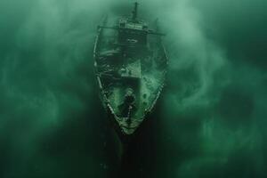 A shipwreck is seen in the ocean with a lot of debris and fish swimming around it. Scene is eerie and mysterious, as the ship is long gone and the ocean is filled with life photo