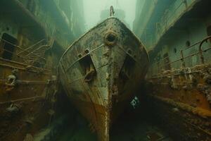A shipwreck is seen in the ocean with a lot of debris and fish swimming around it. Scene is eerie and mysterious, as the ship is long gone and the ocean is filled with life photo