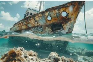 A shipwreck is seen in the ocean with a lot of debris and fish swimming around it. Scene is eerie and mysterious, as the ship is long gone and the ocean is filled with life photo