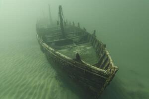 A shipwreck is seen in the ocean with a lot of debris and fish swimming around it. Scene is eerie and mysterious, as the ship is long gone and the ocean is filled with life photo