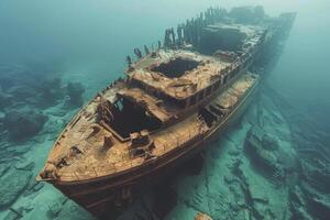 A shipwreck is seen in the ocean with a lot of debris and fish swimming around it. Scene is eerie and mysterious, as the ship is long gone and the ocean is filled with life photo