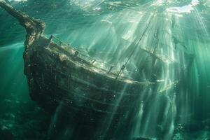 A shipwreck is seen in the ocean with a lot of debris and fish swimming around it. Scene is eerie and mysterious, as the ship is long gone and the ocean is filled with life photo