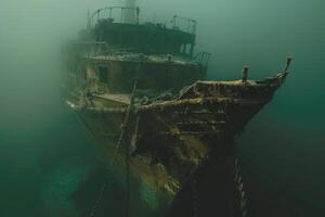 A shipwreck is seen in the ocean with a lot of debris and fish swimming around it. Scene is eerie and mysterious, as the ship is long gone and the ocean is filled with life photo