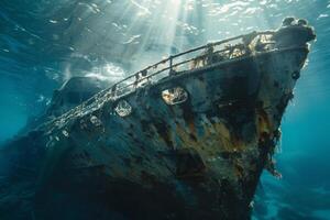A shipwreck is seen in the ocean with a lot of debris and fish swimming around it. Scene is eerie and mysterious, as the ship is long gone and the ocean is filled with life photo