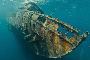 A shipwreck is seen in the ocean with a lot of debris and fish swimming around it. Scene is eerie and mysterious, as the ship is long gone and the ocean is filled with life photo