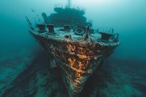 A shipwreck is seen in the ocean with a lot of debris and fish swimming around it. Scene is eerie and mysterious, as the ship is long gone and the ocean is filled with life photo