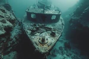 A shipwreck is seen in the ocean with a lot of debris and fish swimming around it. Scene is eerie and mysterious, as the ship is long gone and the ocean is filled with life photo