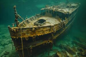 A shipwreck is seen in the ocean with a lot of debris and fish swimming around it. Scene is eerie and mysterious, as the ship is long gone and the ocean is filled with life photo