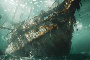 A shipwreck is seen in the ocean with a lot of debris and fish swimming around it. Scene is eerie and mysterious, as the ship is long gone and the ocean is filled with life photo