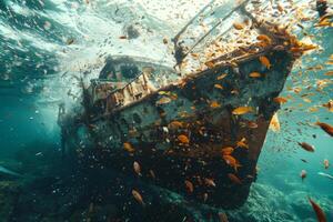 A shipwreck is seen in the ocean with a lot of debris and fish swimming around it. Scene is eerie and mysterious, as the ship is long gone and the ocean is filled with life photo