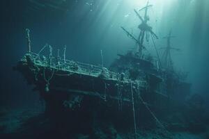A shipwreck is seen in the ocean with a lot of debris and fish swimming around it. Scene is eerie and mysterious, as the ship is long gone and the ocean is filled with life photo