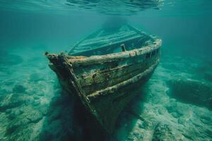 A shipwreck is seen in the ocean with a lot of debris and fish swimming around it. Scene is eerie and mysterious, as the ship is long gone and the ocean is filled with life photo