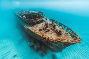 A shipwreck is seen in the ocean with a lot of debris and fish swimming around it. Scene is eerie and mysterious, as the ship is long gone and the ocean is filled with life photo