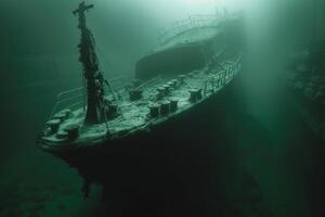 A shipwreck is seen in the ocean with a lot of debris and fish swimming around it. Scene is eerie and mysterious, as the ship is long gone and the ocean is filled with life photo