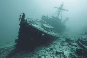 A shipwreck is seen in the ocean with a lot of debris and fish swimming around it. Scene is eerie and mysterious, as the ship is long gone and the ocean is filled with life photo