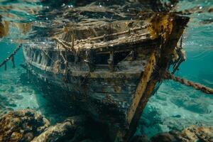 A shipwreck is seen in the ocean with a lot of debris and fish swimming around it. Scene is eerie and mysterious, as the ship is long gone and the ocean is filled with life photo