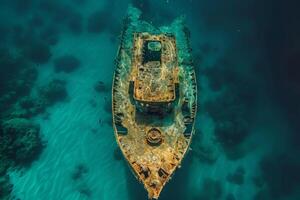 A shipwreck is seen in the ocean with a lot of debris and fish swimming around it. Scene is eerie and mysterious, as the ship is long gone and the ocean is filled with life photo