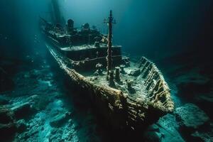 A shipwreck is seen in the ocean with a lot of debris and fish swimming around it. Scene is eerie and mysterious, as the ship is long gone and the ocean is filled with life photo