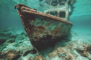 A shipwreck is seen in the ocean with a lot of debris and fish swimming around it. Scene is eerie and mysterious, as the ship is long gone and the ocean is filled with life photo