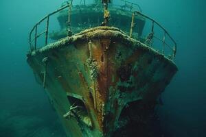 A shipwreck is seen in the ocean with a lot of debris and fish swimming around it. Scene is eerie and mysterious, as the ship is long gone and the ocean is filled with life photo
