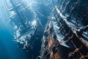 A shipwreck is seen in the ocean with a lot of debris and fish swimming around it. Scene is eerie and mysterious, as the ship is long gone and the ocean is filled with life photo
