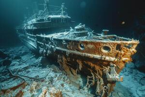 A shipwreck is seen in the ocean with a lot of debris and fish swimming around it. Scene is eerie and mysterious, as the ship is long gone and the ocean is filled with life photo