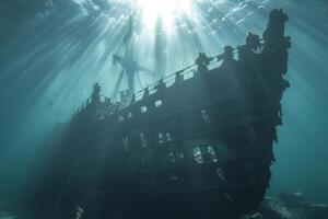 A shipwreck is seen in the ocean with a lot of debris and fish swimming around it. Scene is eerie and mysterious, as the ship is long gone and the ocean is filled with life photo