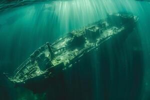 A shipwreck is seen in the ocean with a lot of debris and fish swimming around it. Scene is eerie and mysterious, as the ship is long gone and the ocean is filled with life photo
