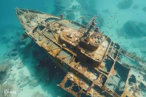 A shipwreck is seen in the ocean with a lot of debris and fish swimming around it. Scene is eerie and mysterious, as the ship is long gone and the ocean is filled with life photo