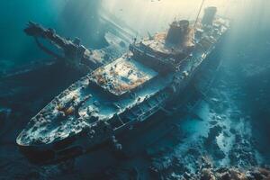 A shipwreck is seen in the ocean with a lot of debris and fish swimming around it. Scene is eerie and mysterious, as the ship is long gone and the ocean is filled with life photo