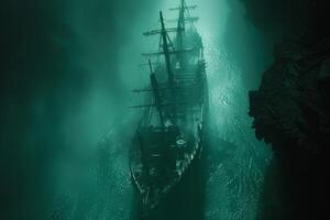 A shipwreck is seen in the ocean with a lot of debris and fish swimming around it. Scene is eerie and mysterious, as the ship is long gone and the ocean is filled with life photo