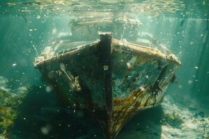 A shipwreck is seen in the ocean with a lot of debris and fish swimming around it. Scene is eerie and mysterious, as the ship is long gone and the ocean is filled with life photo