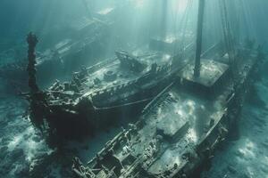 A shipwreck is seen in the ocean with a lot of debris and fish swimming around it. Scene is eerie and mysterious, as the ship is long gone and the ocean is filled with life photo