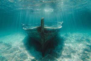 A shipwreck is seen in the ocean with a lot of debris and fish swimming around it. Scene is eerie and mysterious, as the ship is long gone and the ocean is filled with life photo
