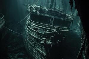 A shipwreck is seen in the ocean with a lot of debris and fish swimming around it. Scene is eerie and mysterious, as the ship is long gone and the ocean is filled with life photo