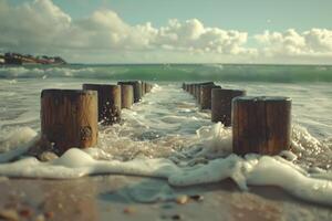 A wooden pier with a blue and white color scheme. The pier is located in the ocean and is surrounded by water. The image has a calm and peaceful mood, as it captures the beauty of the photo