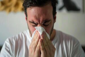 A handsome man is blowing his nose with a tissue during spring allergy season flowers blossom exhausted and uncomfortable allergens in air disease and sickness photo