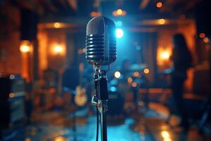 Professional microphone studio podcast stream interview platform radio with micrecording voice singing in bright record studio audio quality equipment content music media entertainment photo