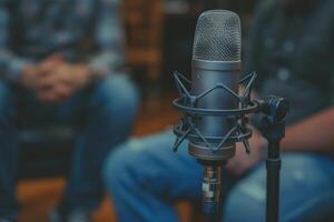 Professional microphone studio podcast stream interview platform radio with micrecording voice singing in bright record studio audio quality equipment content music media entertainment photo
