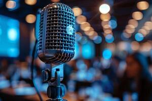 Professional microphone studio podcast stream interview platform radio with micrecording voice singing in bright record studio audio quality equipment content music media entertainment photo