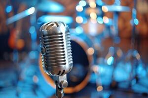 Professional microphone studio podcast stream interview platform radio with micrecording voice singing in bright record studio audio quality equipment content music media entertainment photo
