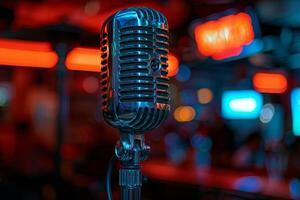 Professional microphone studio podcast stream interview platform radio with micrecording voice singing in bright record studio audio quality equipment content music media entertainment photo