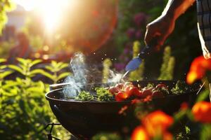Close friends hanging out together bbq party backyard spring summer food preparation tasty dinner grilled meat vegetables open flame steak lunch enjoyment joy friendship colleagues family photo