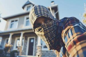 Burglar thief robbing house criminal activity robbery burglary mask crime scene stealing mugger security risk cctv camera catch illegal activity dangerous evil violence gun balaclava photo